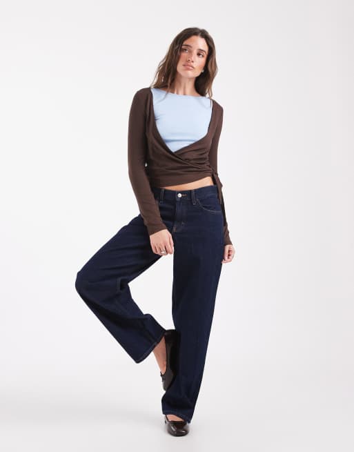 Pieces multi layer wrap detail jersey top in brown and pastel blue, 3 of 4