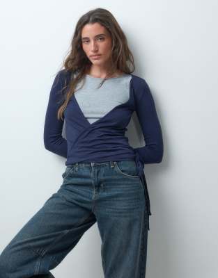 Pieces Multi Layer Wrap Detail Jersey Top In Blue