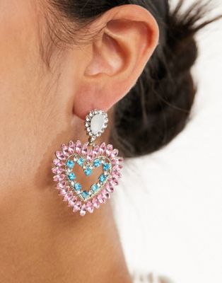 Pieces multi rhinestone heart earrings in silver