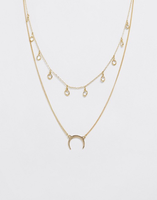 Pieces multi row necklace with diamante wishbone in gold