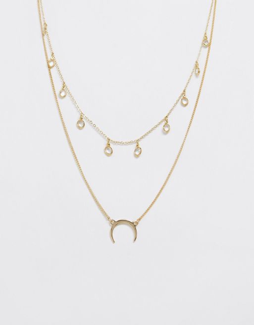 Pieces multi row necklace with rhinestone wishbone in gold | ASOS