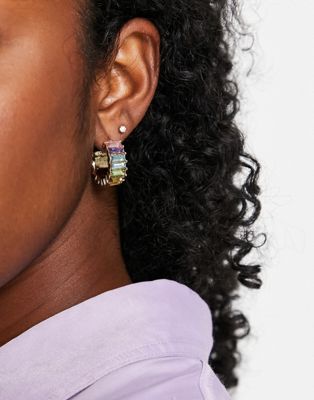 Pieces multicoloured diamante hoop earrings in gold