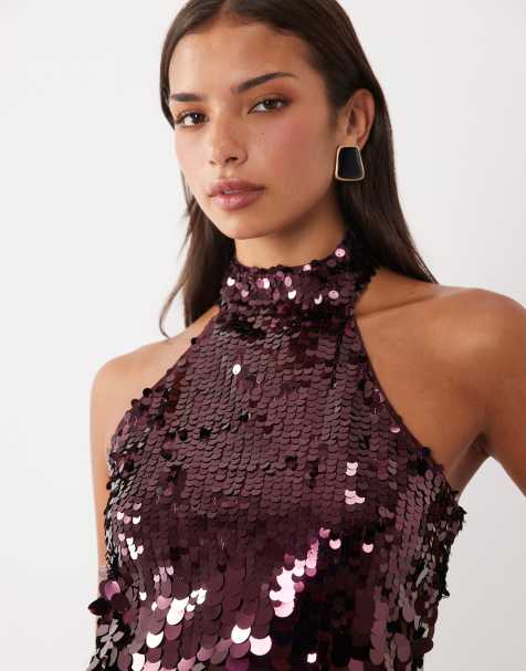 Pieces Neckholder-Top mit Pailletten in Burgunderrot - view 1