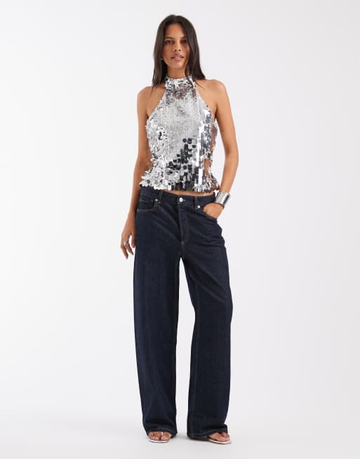 Pieces Neckholder-Top mit Pailletten in Silber, 4 von 4