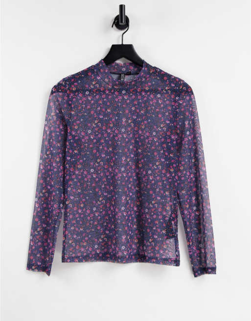 Pieces – Netzstoff-Oberteil mit Rollkragen und Blumenmuster  