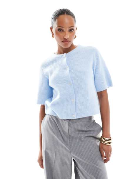 Pieces soft knit short sleeve cardigan in blue