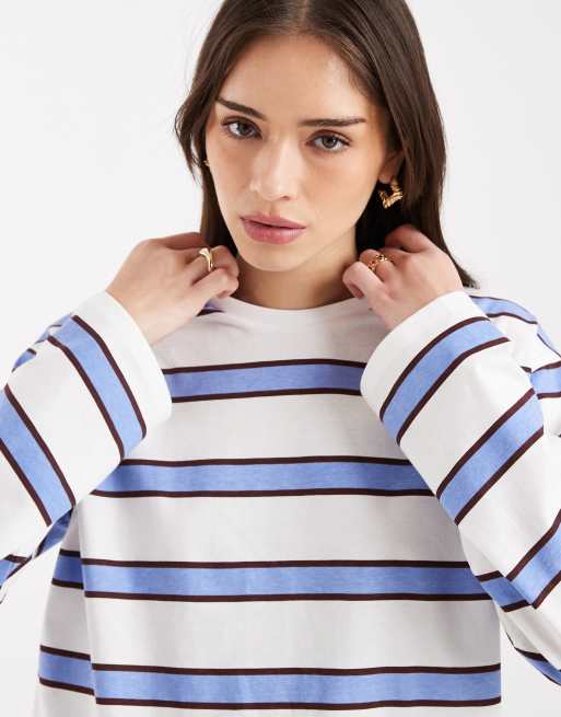 Pieces – Niebieski T-shirt oversize z długimi rękawami w paski w stylu rugby, 3 z 4