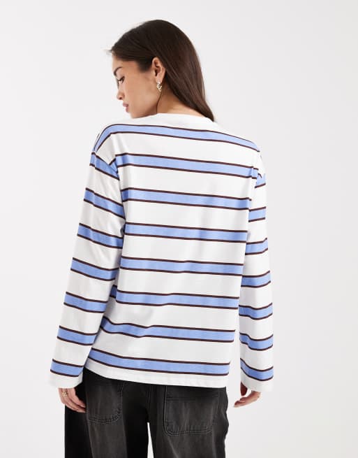 Pieces – Niebieski T-shirt oversize z długimi rękawami w paski w stylu rugby, 4 z 4