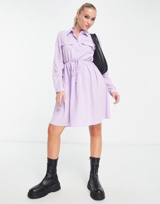 Pieces Long Sleeve Shirt Dress With Tie Waist In Lilac-purple