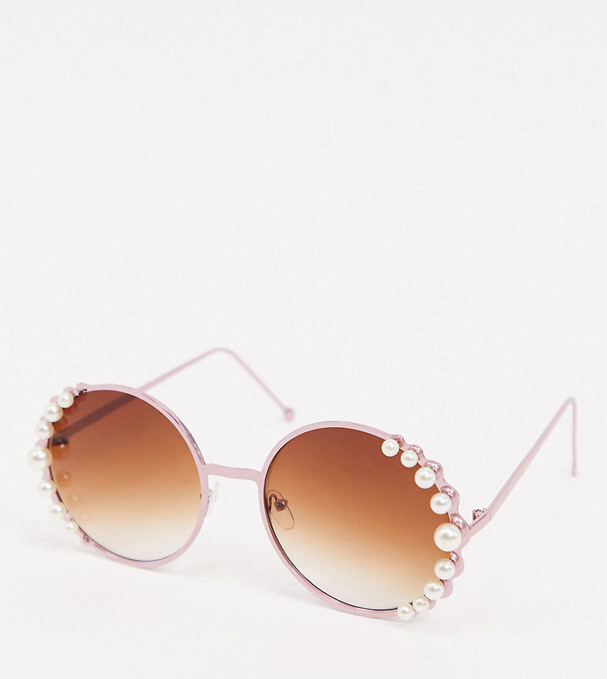 Pieces - Occhiali da sole oversize rotondi con perle sui bordi e montatura rosa-Oro