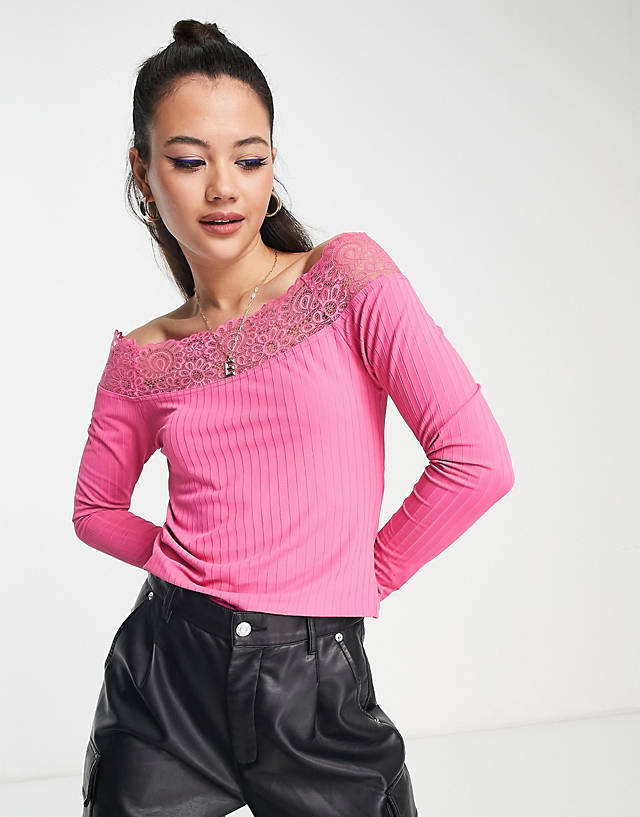 Pieces - off shoulder lace detail top in bright pink
