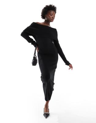 off shoulder long sleeve ribbed knit maxi dress in black