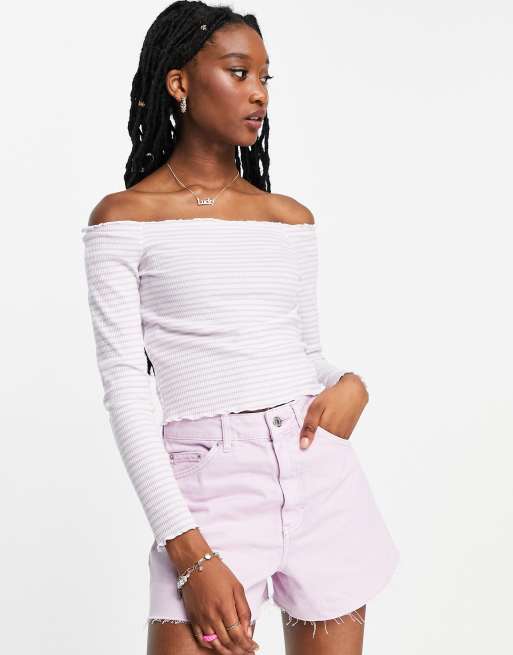 Pieces off the shoulder lettuce hem top in lilac stripe, 3 of 4