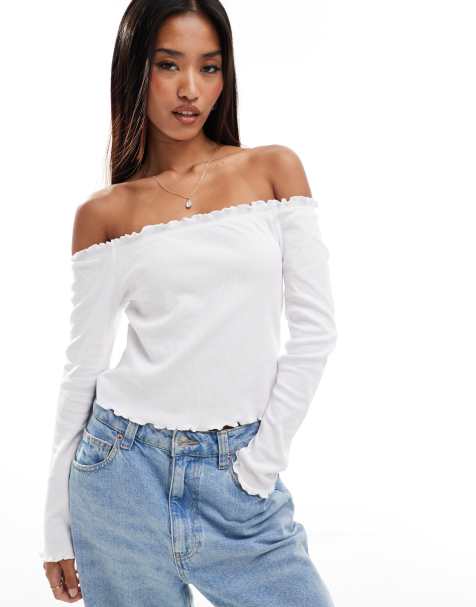 Pieces off the shoulder long sleeved top with lettuce edge detailing in white - view 1