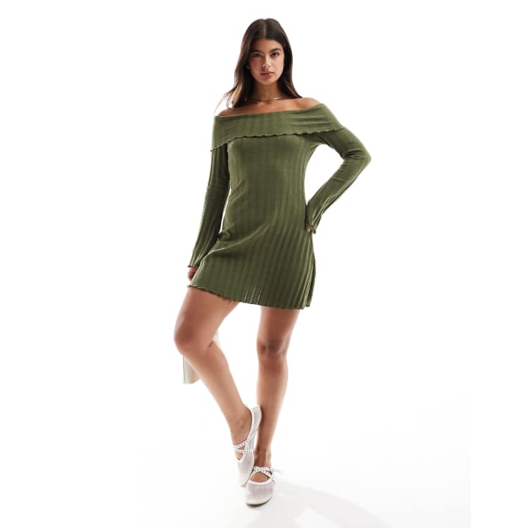 Pieces off the shoulder ribbed mini dress with lettuce edge