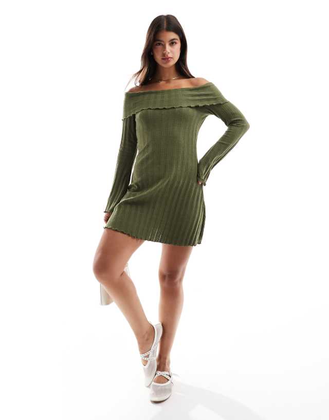 Pieces - off the shoulder ribbed mini dress with lettuce edge detail in khaki