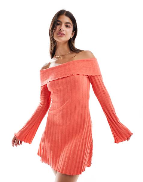 Pieces off the shoulder ribbed mini dress with lettuce edge detail in red - view 1