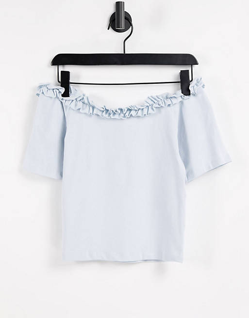 Pieces off the shoulder t-shirt with frill neckline in pastel blue