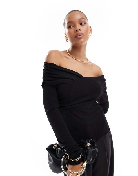 Pieces off the shoulder wrap long sleeved top in black - view 1