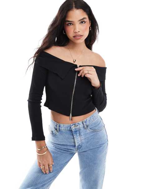 Pieces off the shoulder zip through long sleeve top in black - view 1