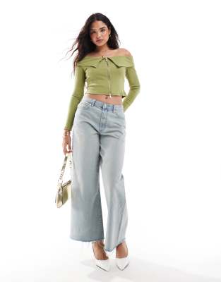 Pieces Off The Shoulder Zip Through Long Sleeve Top In Green