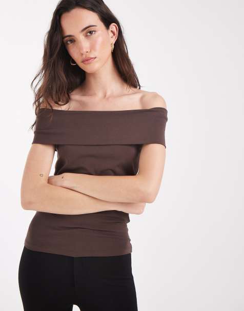 Pieces offshoulder foldover jersey top i chokoladebrun - view 1