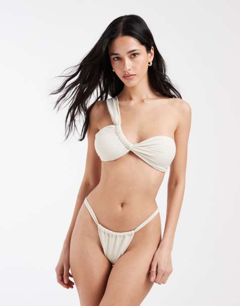 Pieces one shoulder bikini top & string side bottom co-ord in cream glitter - view 1