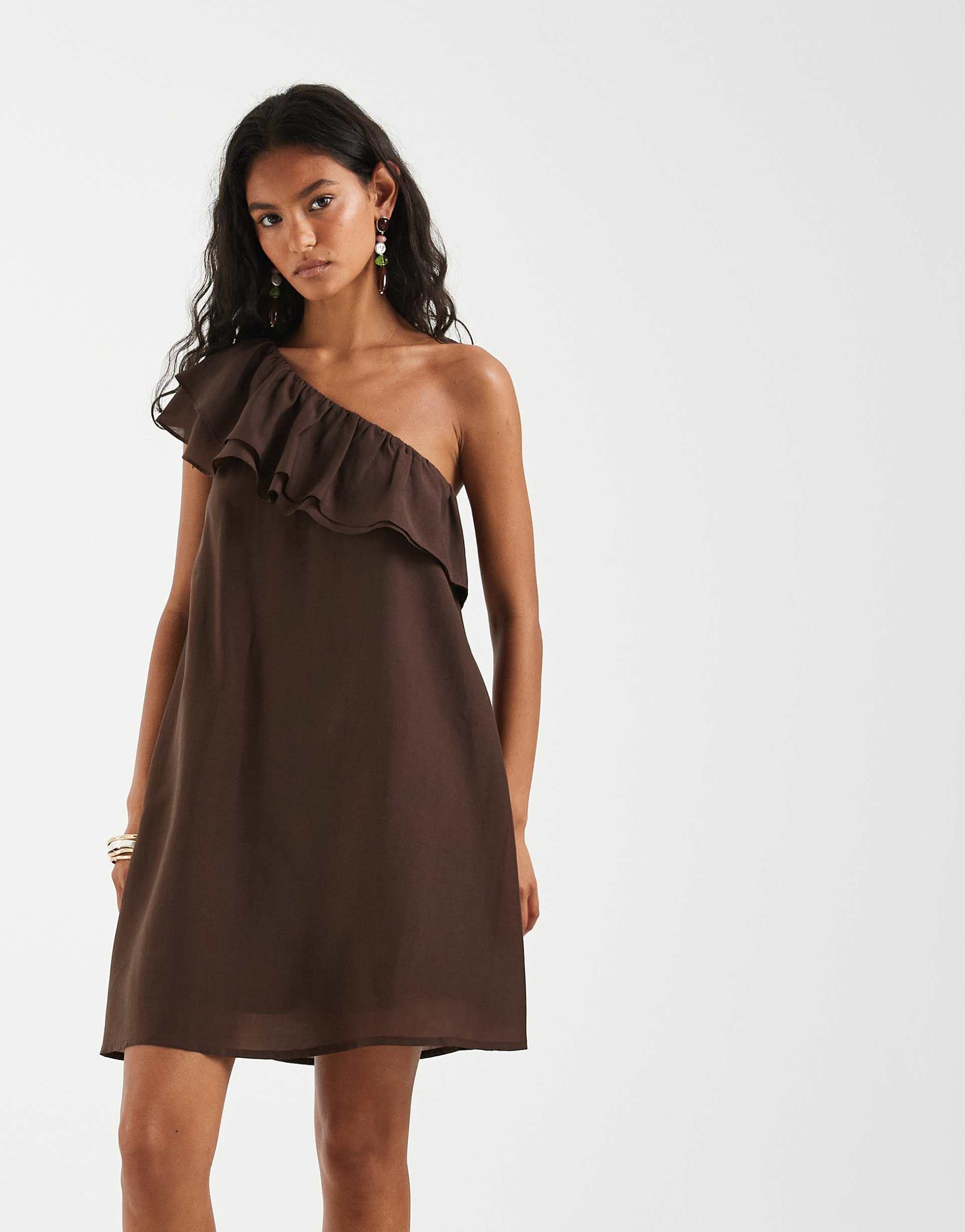 pieces one shoulder frill trim mini dress in coffee brown