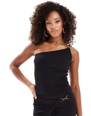 Pieces Pieces one shoulder gold buckle detail top co-ord in black