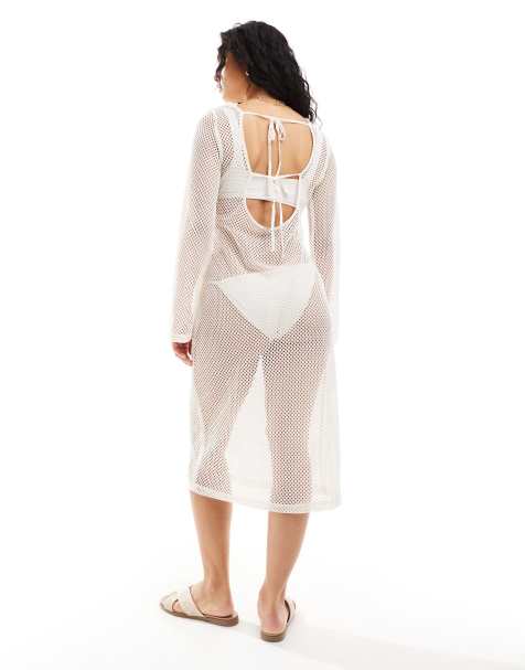 Pieces open knit beach midi dress with bell sleeves in cream - view 1