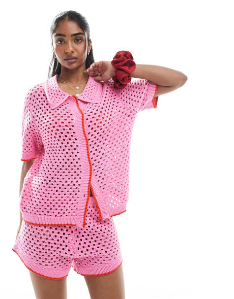 Pieces open knit boxy polo top co-ord in pink and red - view 1