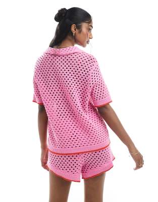 Pieces Open Knit Boxy Polo Top In Pink