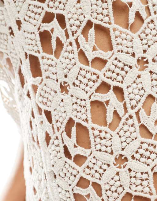 Pieces open knit crochet mini beach dress in cream, 3 of 4