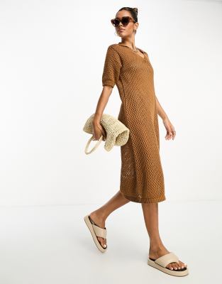 Pieces open knit midi dress in camel