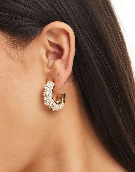 Pieces - Orecchini a cerchio color oro con perle e strass