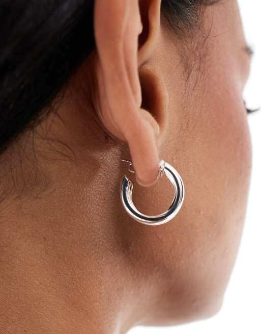 Pieces - Orecchini color argento a cerchio doppi spessi, 3 di 3