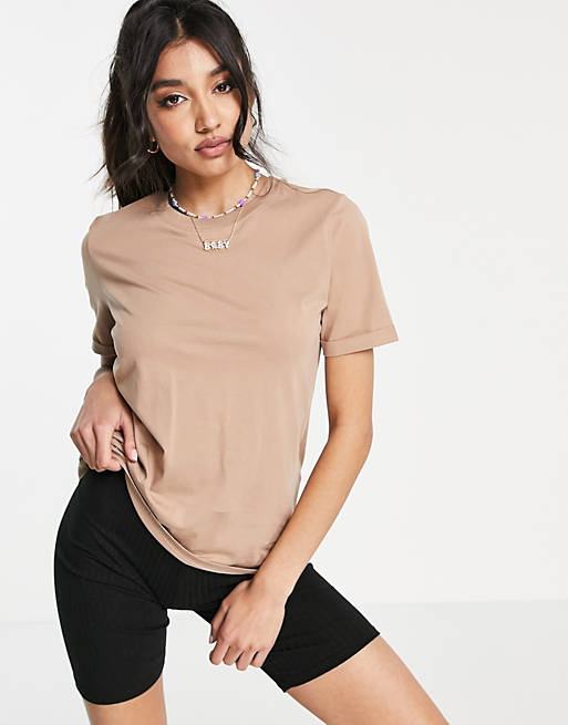 Pieces cotton t-shirt in camel - BROWN