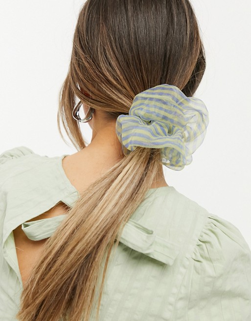 Pieces organza hair scrunchie in blue and yellow stripe