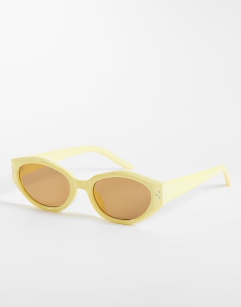 Pieces oval sunglasses with brown tint lenses in pastel yellow - view 1