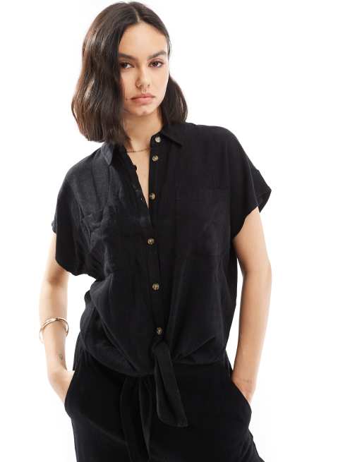 Pieces - Overhemd van linnenmix met gestrikte taille in zwart, deel van co-ord set