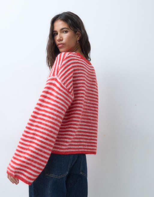 Pieces oversize fluffig stickad tröja med röd rand, 5 av 5