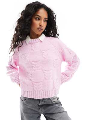 Pieces - Oversize-Strickpullover in Rosa mit Zopfmuster