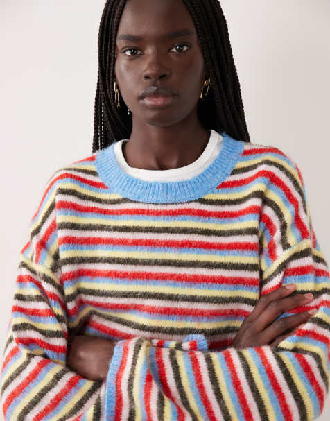 Pieces Oversize-Strickpullover mit flauschigem Strick in buntem Streifenmuster - view 1