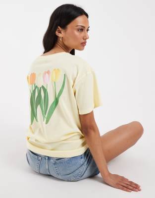 Oversize-T-Shirt in Pastellgelb mit Tulpen-Print Gelb M