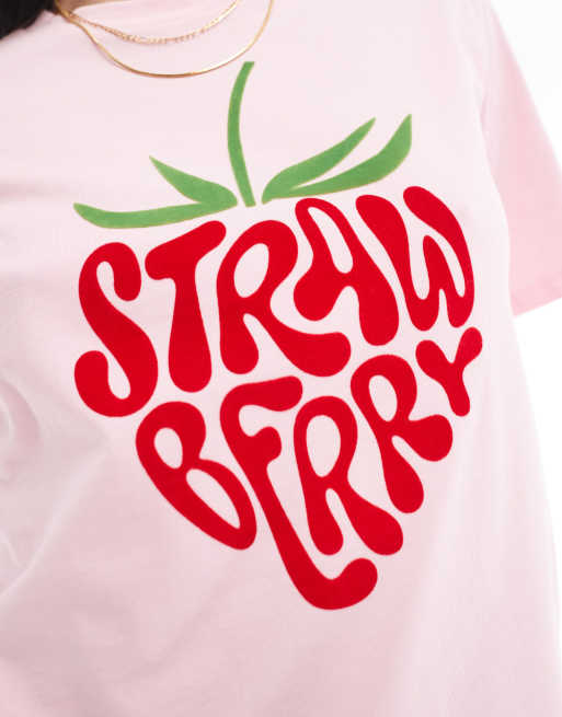 Pieces – Oversize-T-Shirt in Rosa mit „Strawberry“-Print aus Filzstoff, 2 von 4