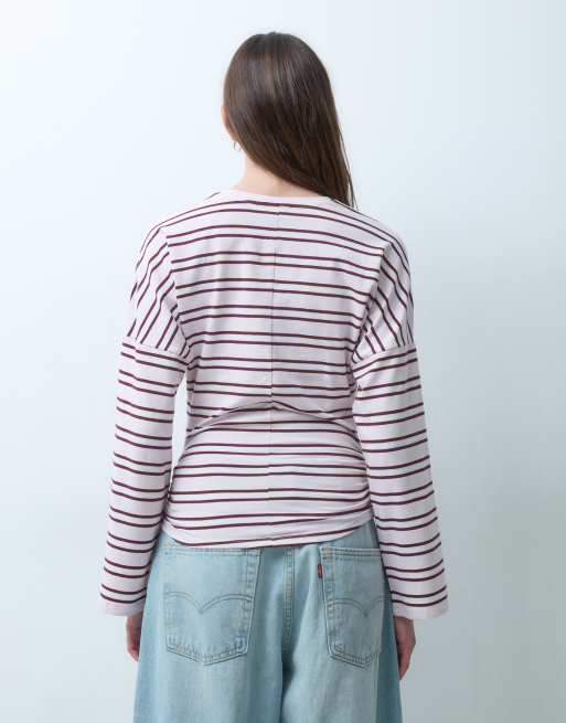 Pieces oversize t-shirt med midjedetalj och långa ärmar, orkidéisrandig, 4 av 4