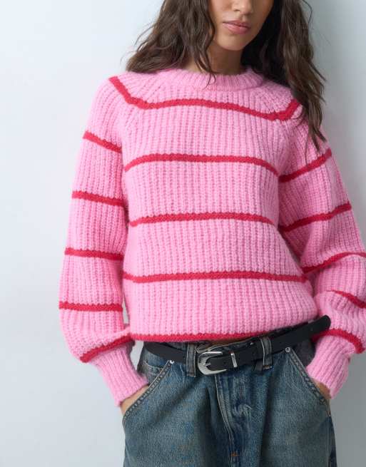 Pieces oversize teksturowany sweter dzianinowy w różowo-czerwone paski, 3 z 5