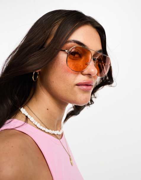 Pieces oversized aviator sunglasses in orange - view 1