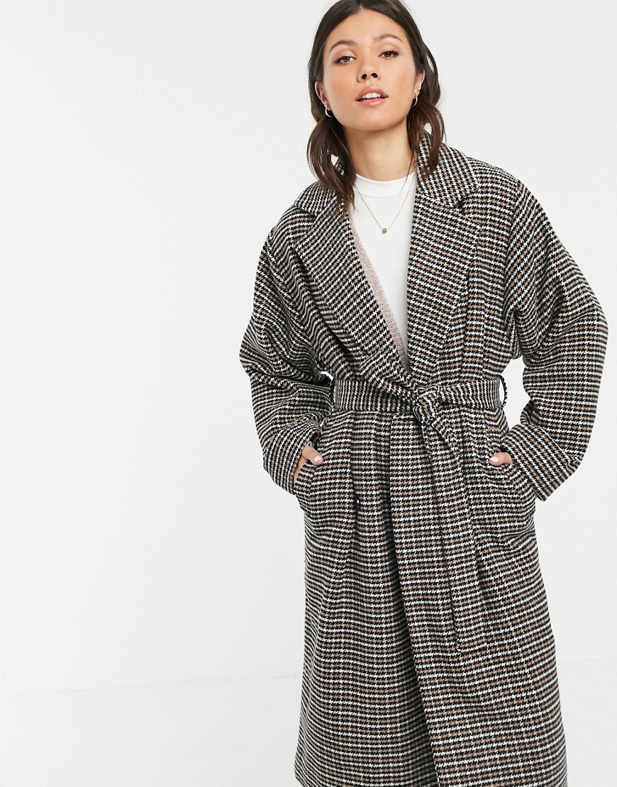 Pieces oversized belted check coat-Black
