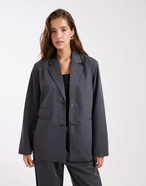 Pieces tailored oversized blazer and trouser suit co-ord in dark grey melange - view 1